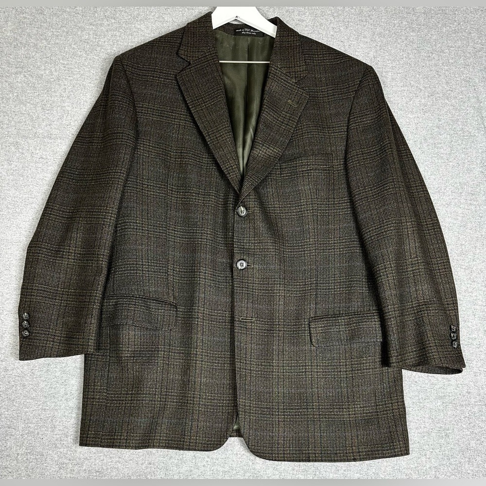Andrew Fezza Blazer Mens 44R Brown Glen Plaid 100% Lambswool Two Button Jacket
